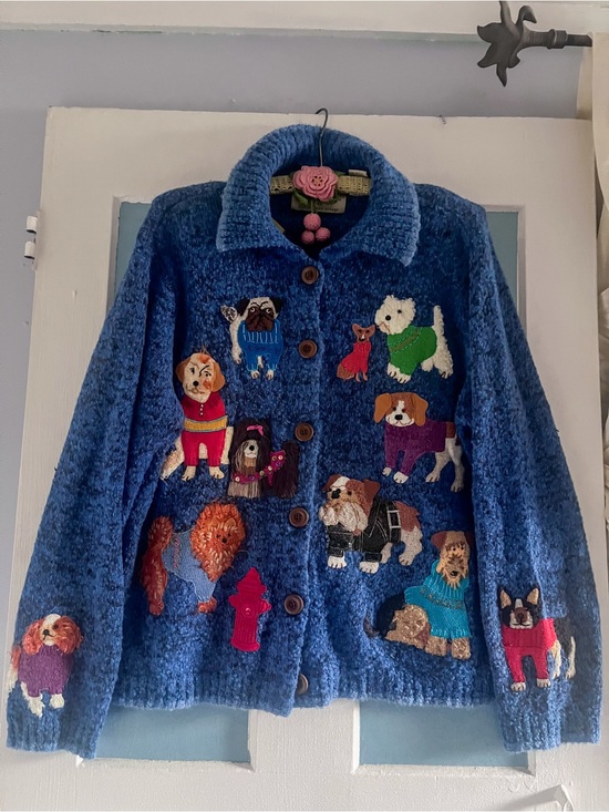 Sweaters - Design Options By Philip and Jane Gordon Blue Knit Dog Vintage Cardigan